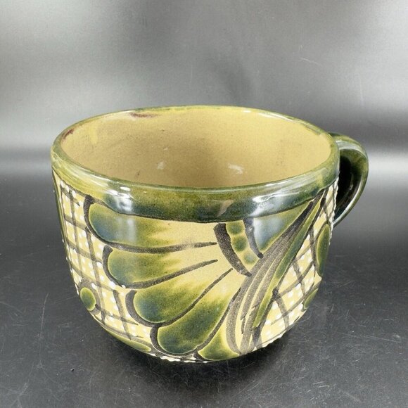 Vintage Mexico Pottery Talavera Large Oversize Coffee Mug Cup Green Glazed VTG - Picture 13 of 15